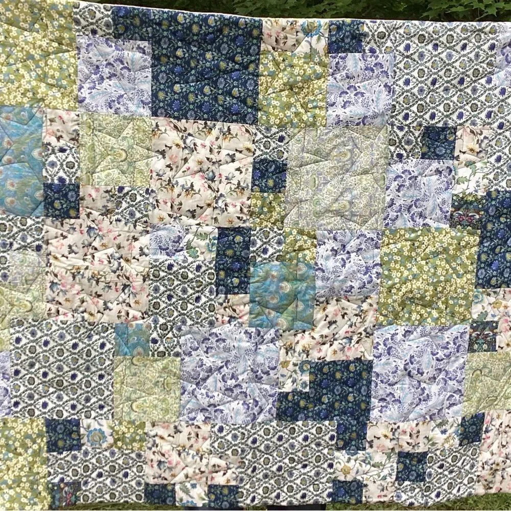 NWT. Hand Crafted Blues and Green Liberty Lawn Fabrics Garden Quilt with Stars